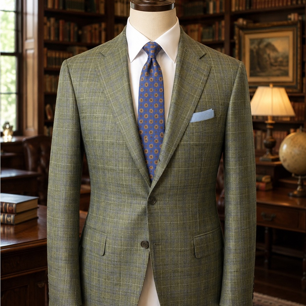 Kiton Olive Green Windowpane Sport Coat with Blue Tie